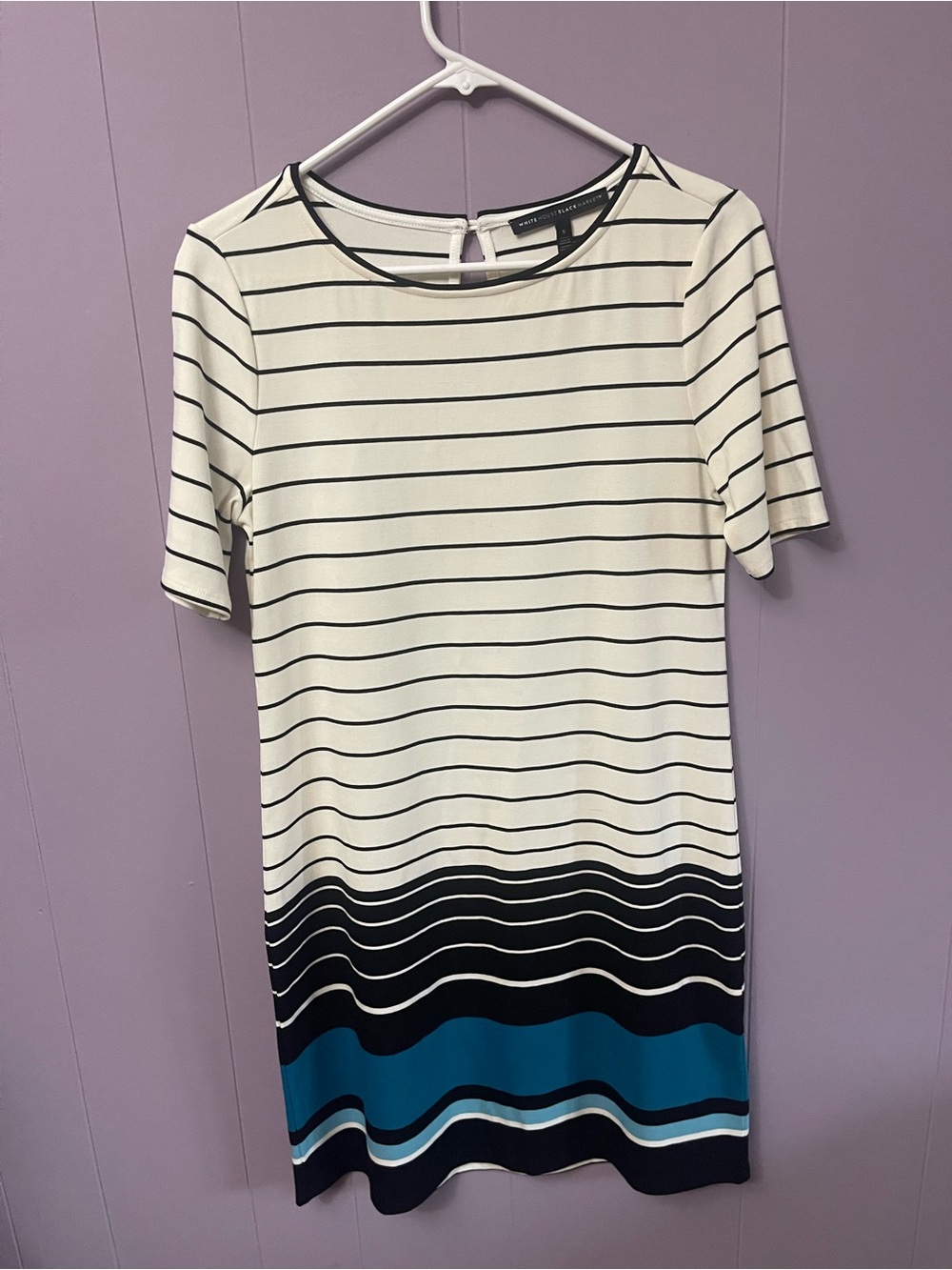 White House Black Market White, Black & Teal Striped Short-Sleeve Shift Dress